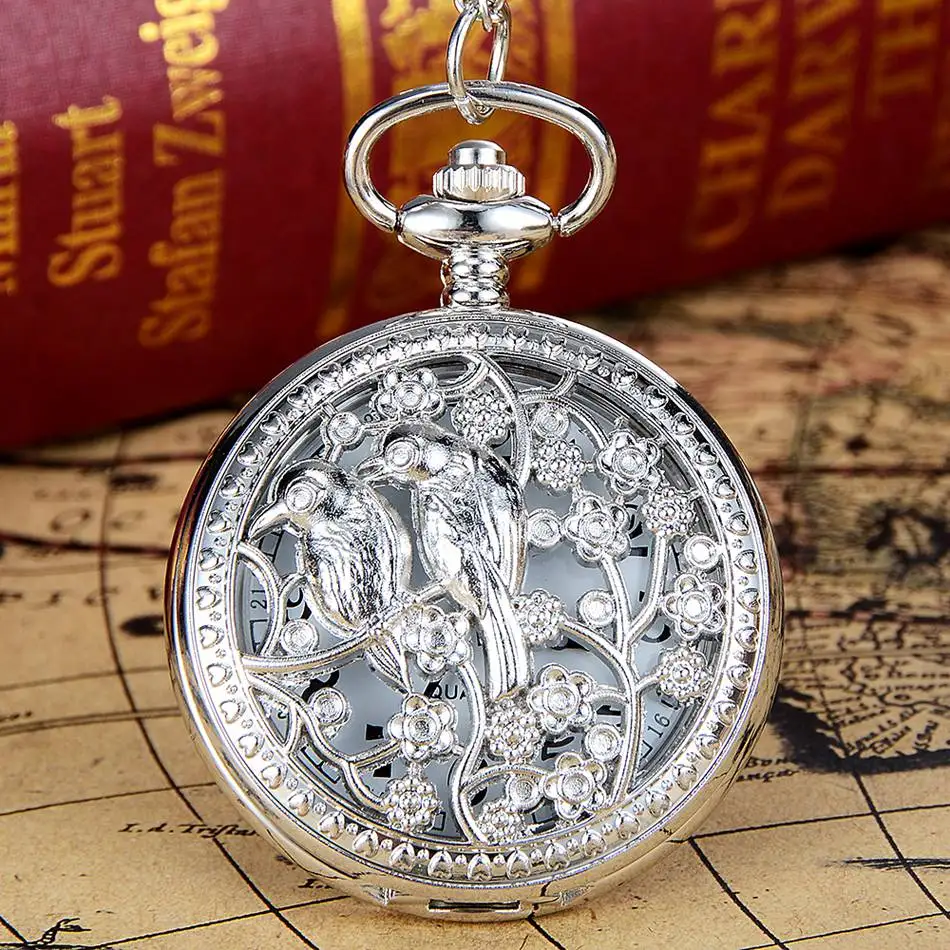 

Fashion Silver Creative Pocket Watches Hollow Bird Dial Quartz Clock Necklace Pendant Clock Chain Men's Women Watch Relogio
