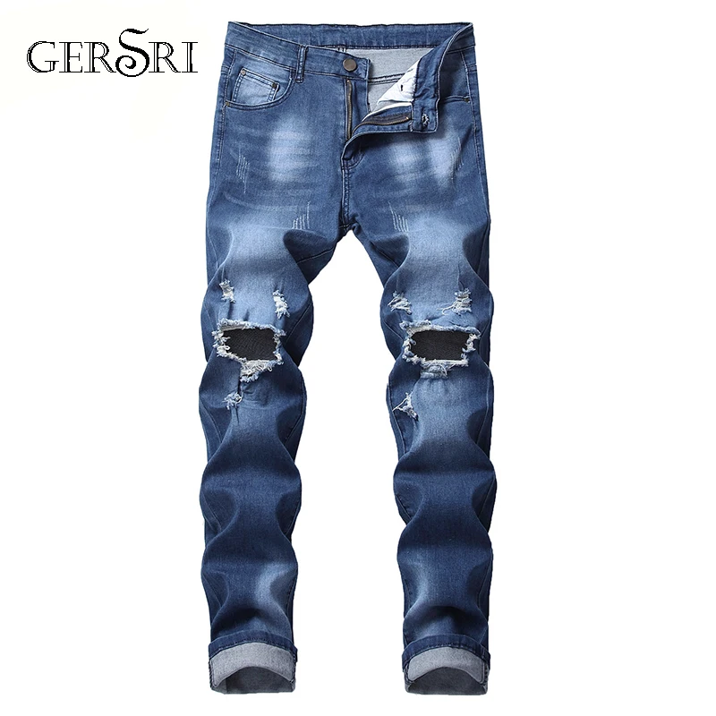 Gersri Mens Biker Demin Jeans Stretch Destroyed Ripped cowboy pants printed pocket Design Fashion soft Skinny hole Jean for male Gersri Mens Biker Demin Jeans Stretch Destroyed Ripped cowboy pants printed pocket Design Fashion soft Skinny hole Jean for male