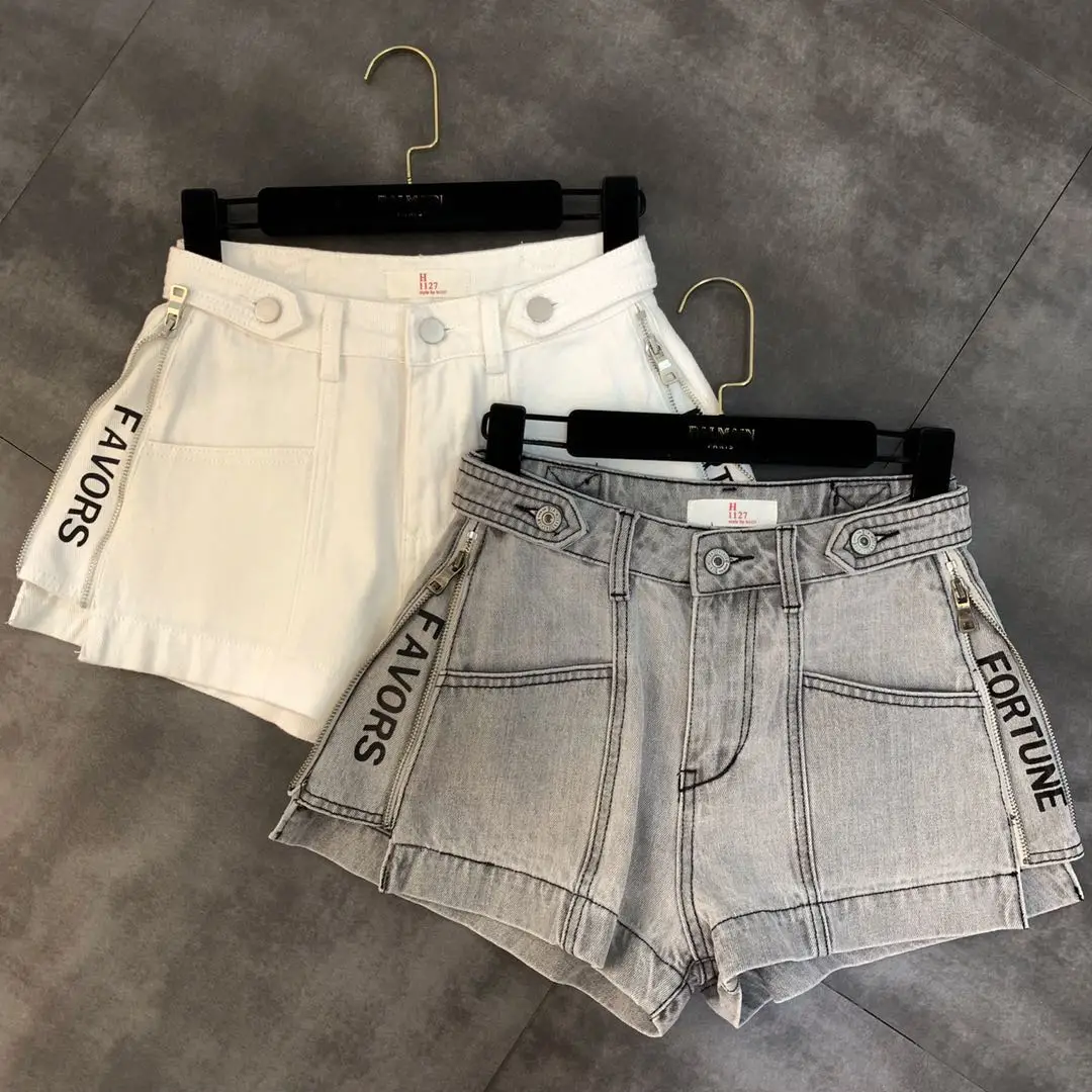 

2019 summer new side zipper split letter pattern trend denim shorts female
