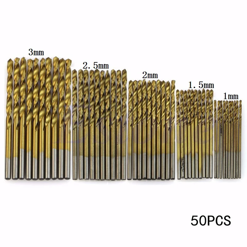 50 шт. набор спиральных Сверл с титановым покрытием, быстрорежущее стальное сверло из быстрорежущей стали, набор инструментов 1/1. 5/2/2,5/3 мм