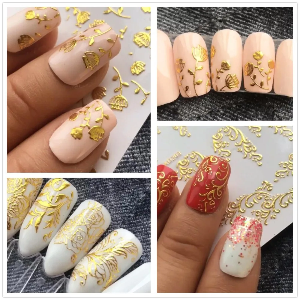 20 листов золотого стикеры 3D на ногти Nail Art полые наклейки смешанный Дизайн Клей цветок Типсы для ногтей украшения салонные аксессуары LAAD301-326