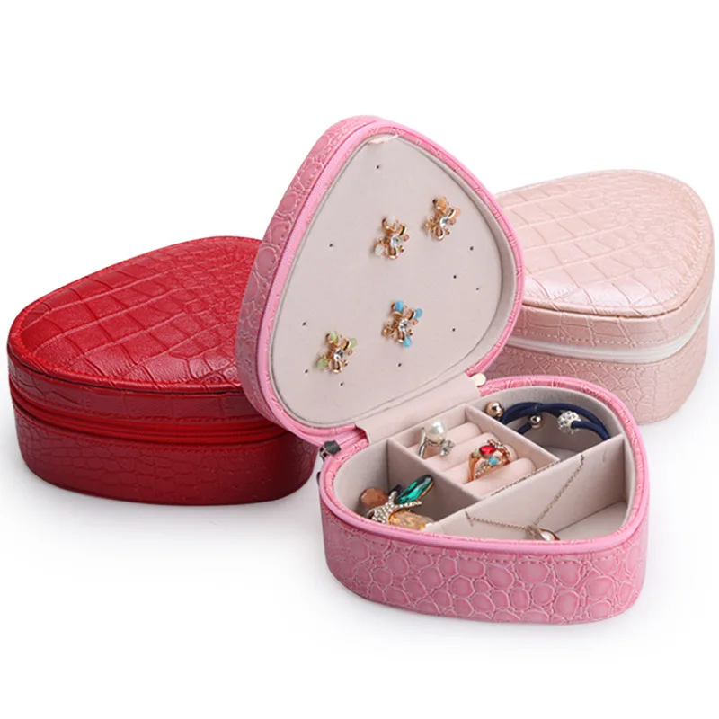 Portable Elegant Heart Shape Women Makeup Cosmetic Organizer Case Red Pink 3 color Mirror Jewelry earring Multilayer Storage Box | Украшения