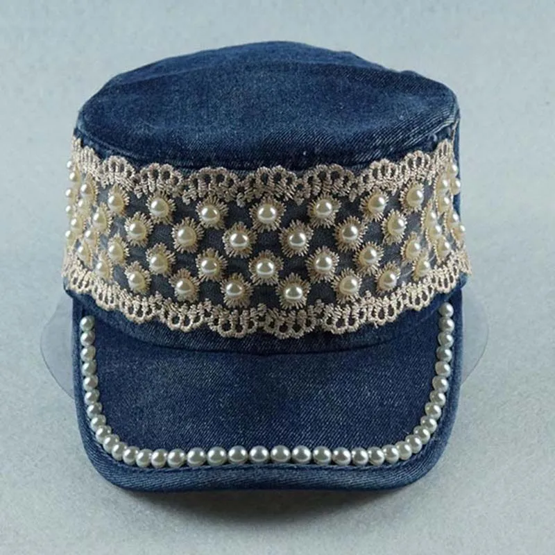 Hats Hot Sale Cowboy Hat Lace Applique Flat Cap Pearl Drill Cap