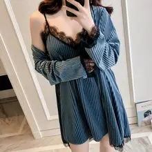 Зимний женский пижамный комплект, золотой бархатный вечерний комплект с платьем, Осенний сексуальный кружевной слинг, 2 предмета, женская ночная одежда, пижамы, Халат