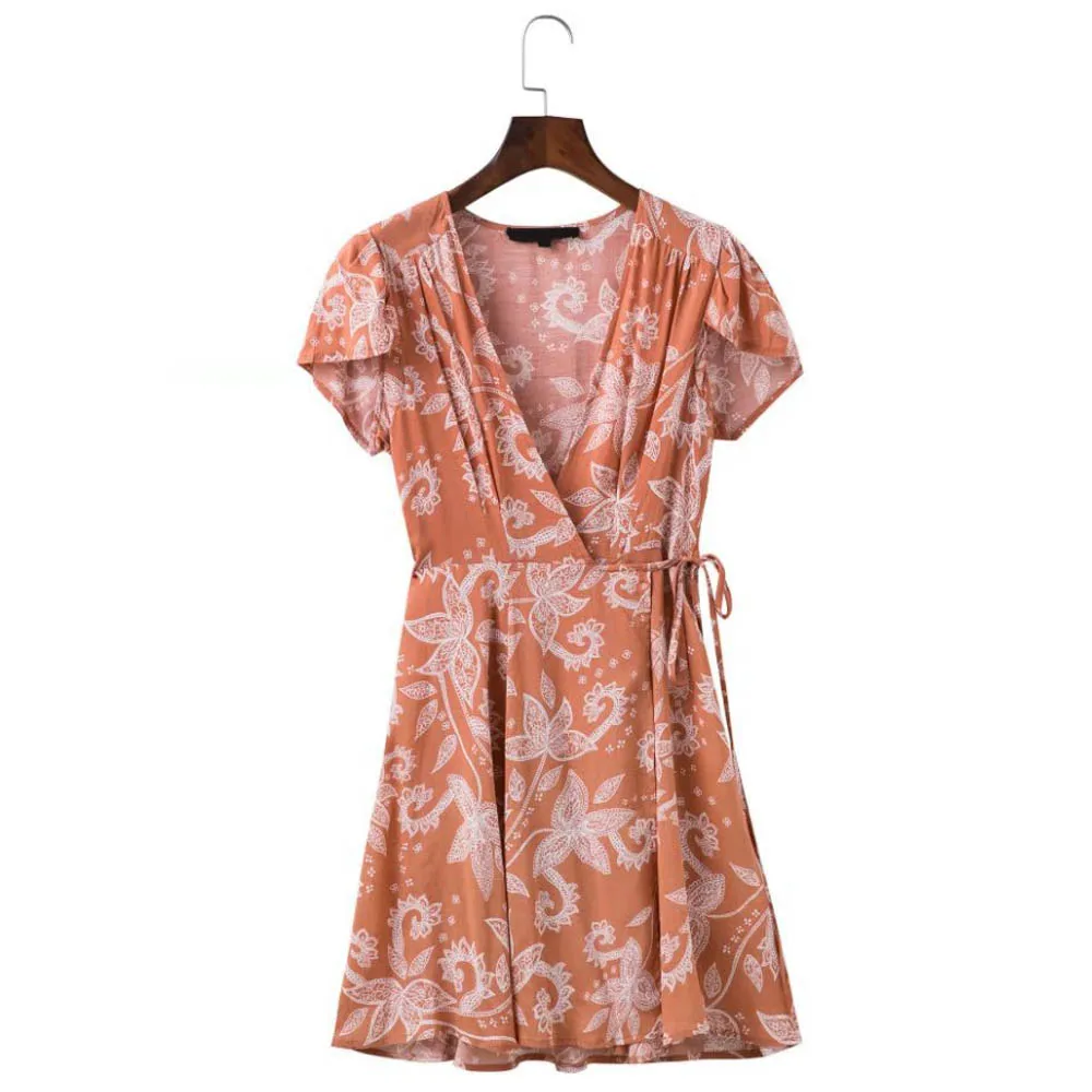 

FIRSTTO Retro Bohemian Ethnic Floral Cross Deep V-Neck Holiday Lacing up Tied Bow Waist Short Sleeve Short Mini A-Line Dress