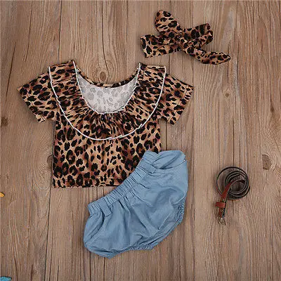 Лето, комплект одежды из 3 предметов для новорожденных девочек, леопардовая рубашка с короткими рукавами+ джинсовые шорты+ повязка на голову, комплекты детской одежды