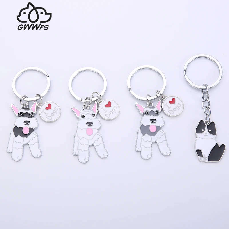 

Gwwfs New Schnauzer Key Ring Car Keychain Black And White Gray Color Boyfriend Keychain Animal Metal Men Jewelry Couple Gift