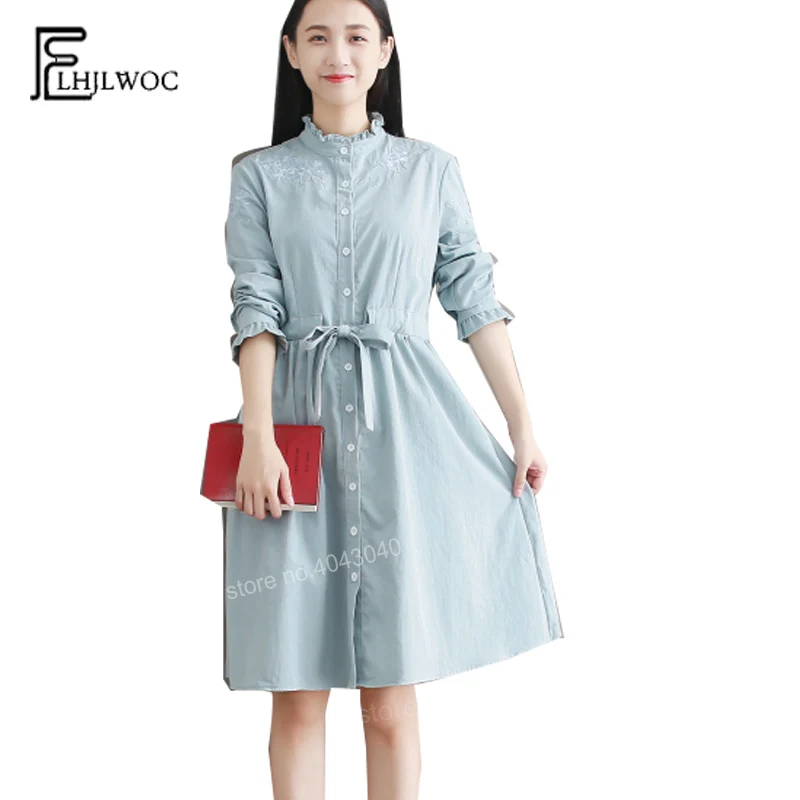 

Cute Sweet Dresses Women Fashion Japan Style Design Girls Blue Pink Embroidery Vintage Basic Cotton Linin Dress Pink Blue