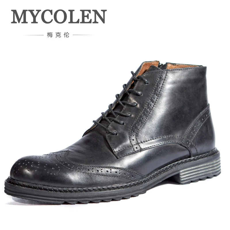 MYCOLEN Cow Leather Men Ankle Boots Vintage New Fashion Black British Style  Boots Fashion Brogue Casual Male Boots