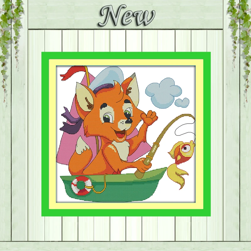 

The fishing fox cartoon diy animal painting counted printed on canvas DMC 14CT 11CT Cross Stitch Needlework Sets Embroidery kits