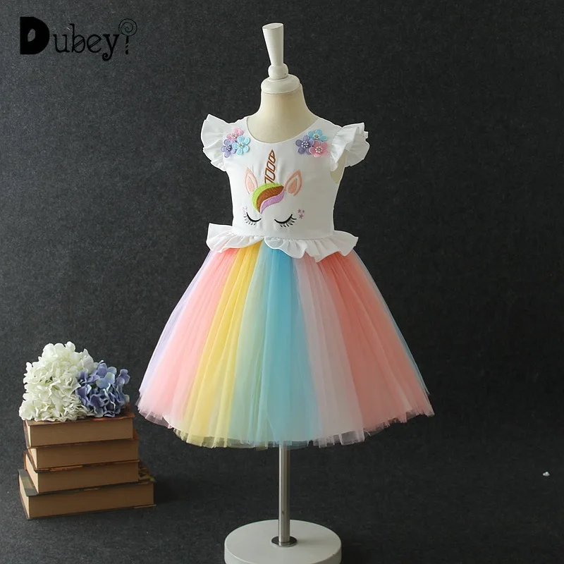 New Rainbow Tulle Embroidered Unicorn Sleeveless Dress Teenager Girl ...