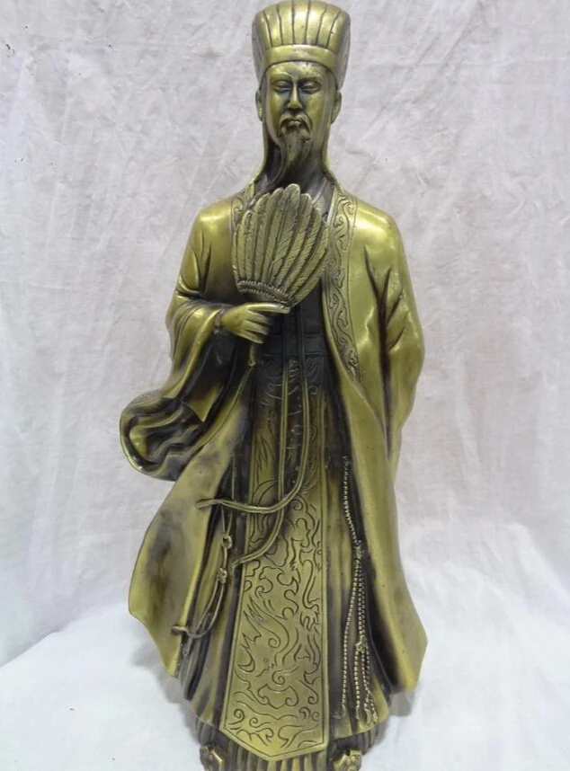 

song voge gem S3003 20" China Pure Bronze Carved Military Affairs Strategist ZhuGe Liang Fan Statue