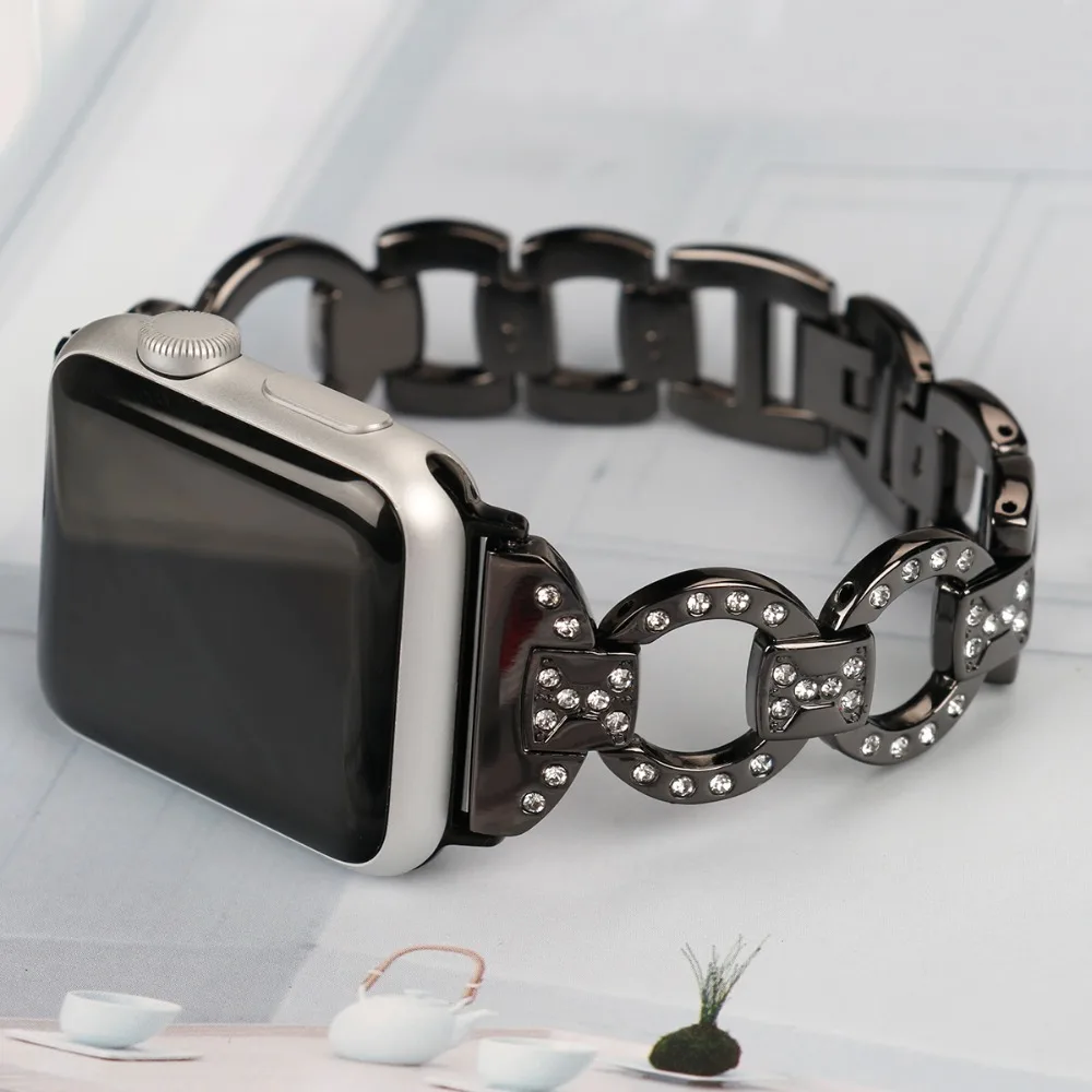 Bling из натуральной кожи часы ремешок для Apple Watch iWatch 4/3/2/1 бриллиант Стразы Нержавеющая сталь металлический браслет ремешок для наручных часов Iwatch, ремешок 82003
