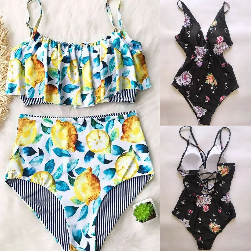 

2019 Women Lemon Floral Bikini Floral Swimwear Bathing Push-up Tankini Beach Swimsuit