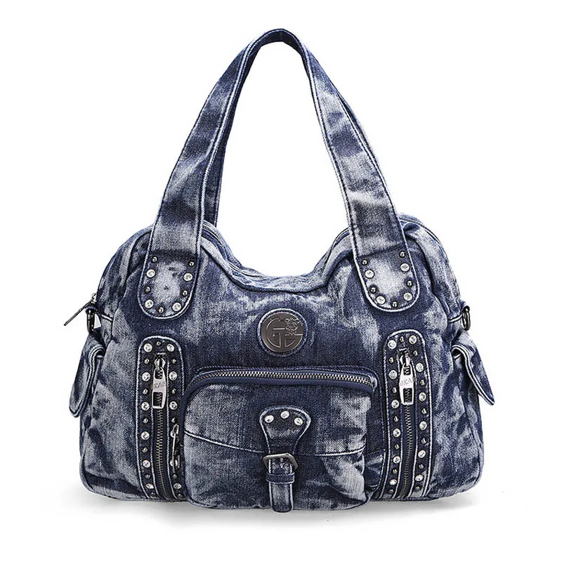 Деним знаменитого бренда женская большая сумка на плечо, для женщин, женский карман вместительные сумки с Стразы женские сумки из натуральной кожи - Цвет: Синий