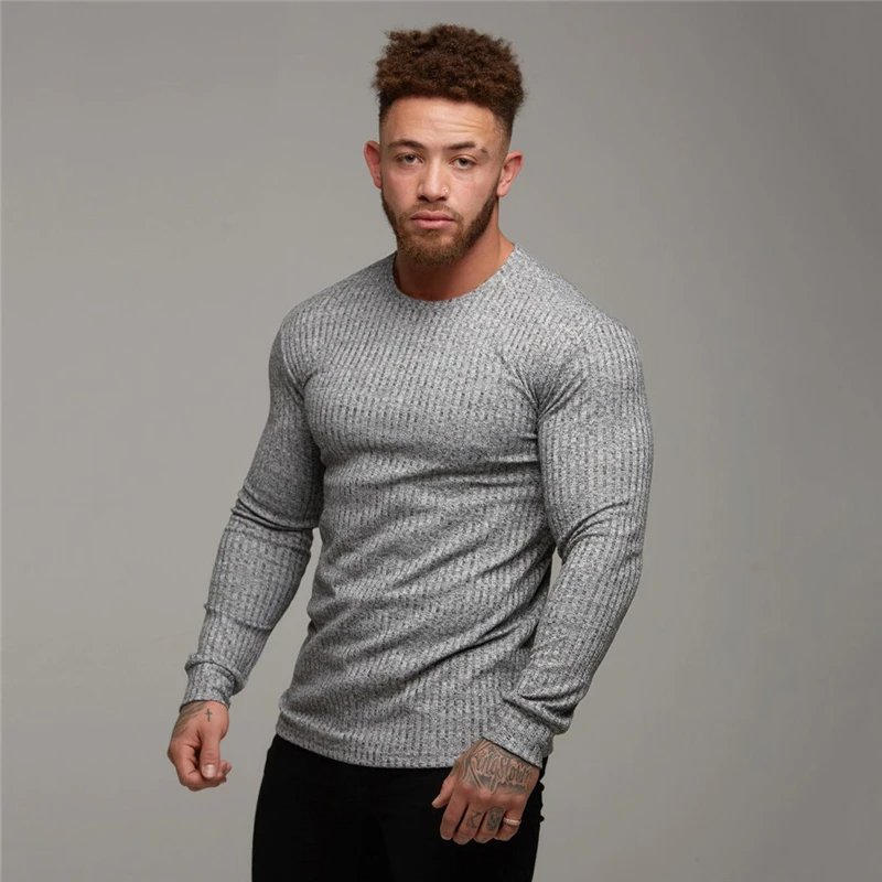 

2019 Spring Fashion Men's T-shirt Sweater O-Neck Slim Fit Knittwear Mens Long Sleeve Pullovers Tshirts Men Fitness Pull Homme