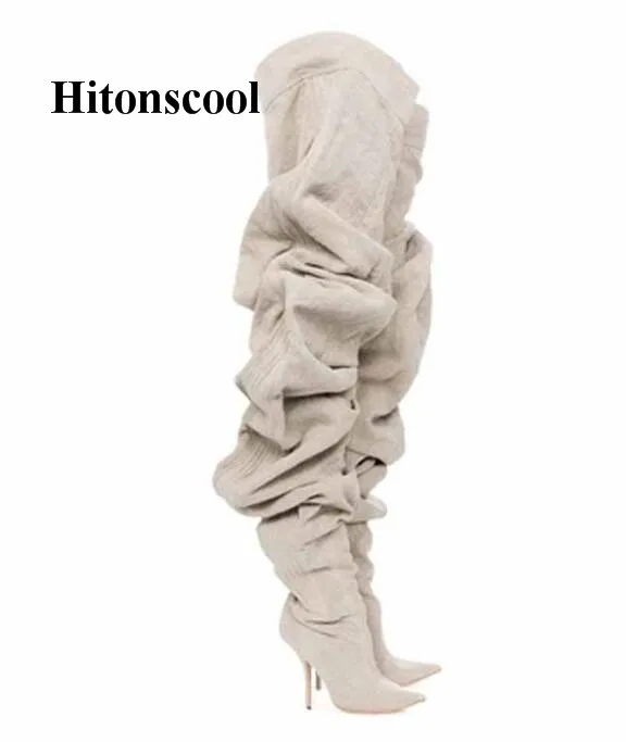 

2019 Design Pleated Shoes Woman Over The Knee Boots Pointed Toe Sexy Thin High Heels Women Autumn Thigh High Motorcycle Boots