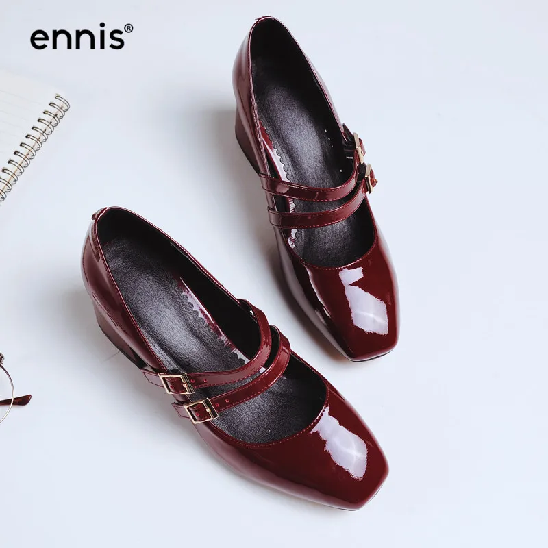 

ENNIS 2019 Patent Leather Women Classic Pumps Double Buckled Europe Fashion Footwear Office Ladies Square Toe Chunky Heels P706