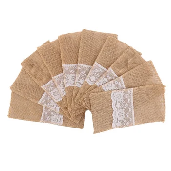 

Hessian Burlap Lace Jute Cutlery Pocket Knifes Forks Bag Burlap Silverware Holders For Wedding St. Valentine'S Day 50Pcs
