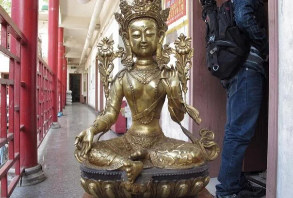 

S1478 24 Tibet Buddhism Temple Copper Bronze Green Tara GuanYin Kwan-Yin Buddha Statue D0318