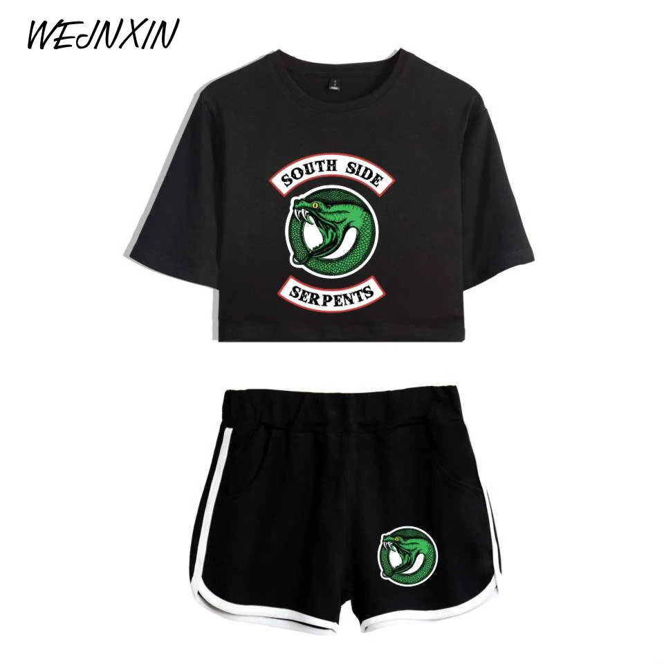 

WEJNXIN Summer Riverdale South Side Serpents Two Piece Set Women Cotton T shirt Riverdale TV Show Shorts Crop Tops + Shorts Pant