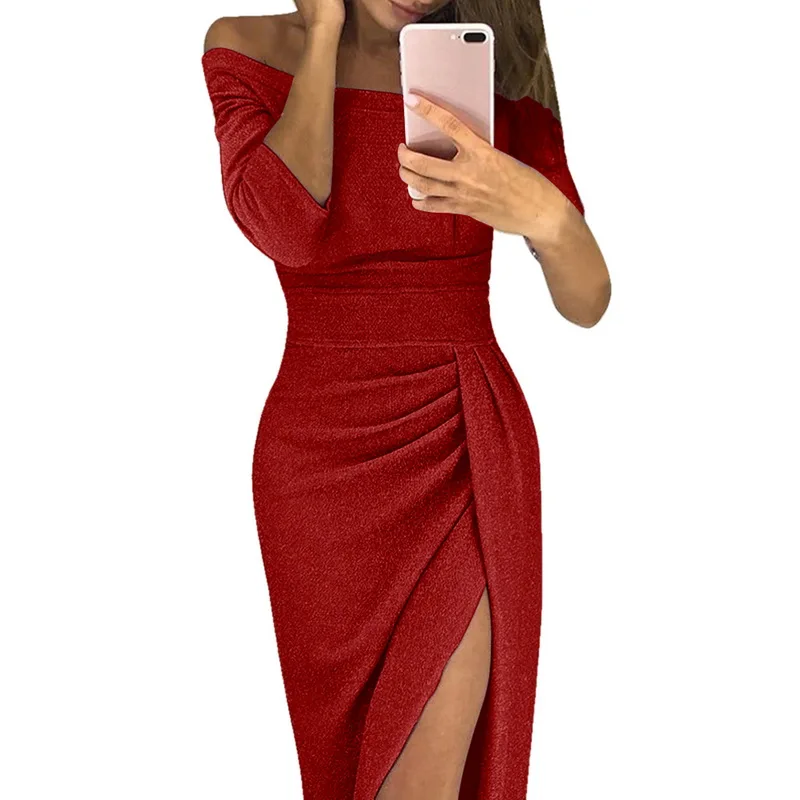 Women Party Dresses Sexy Split Slash Neck Vestidos Fashion Solid Pleated Robe Femme Club Dress Sequin Tunic Party Dress New Year