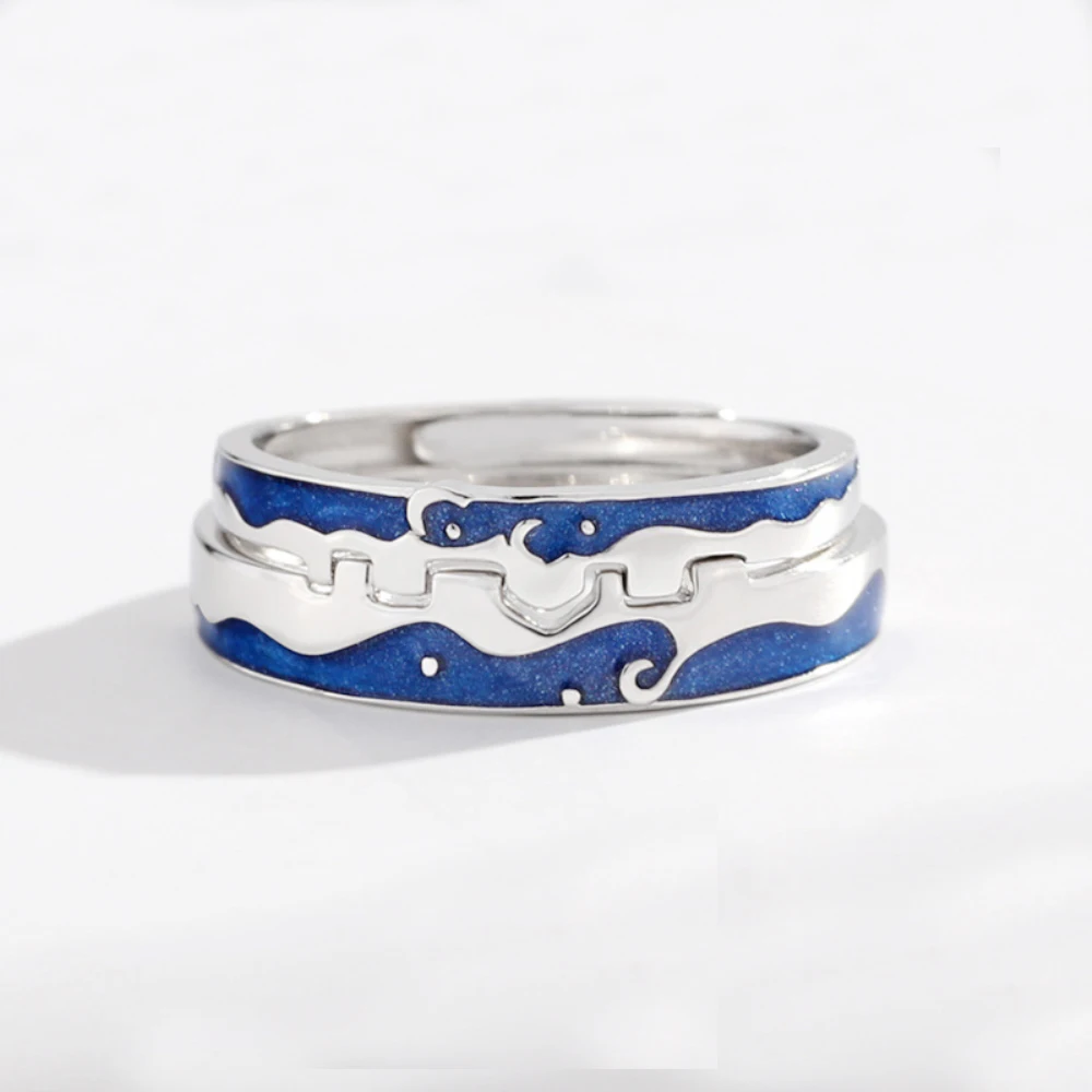 

Blue Line Wedding Matching Ring The Love of Falling Into The City Couples Ring Set 925 Sterling Silver Promise Ring for Lovers