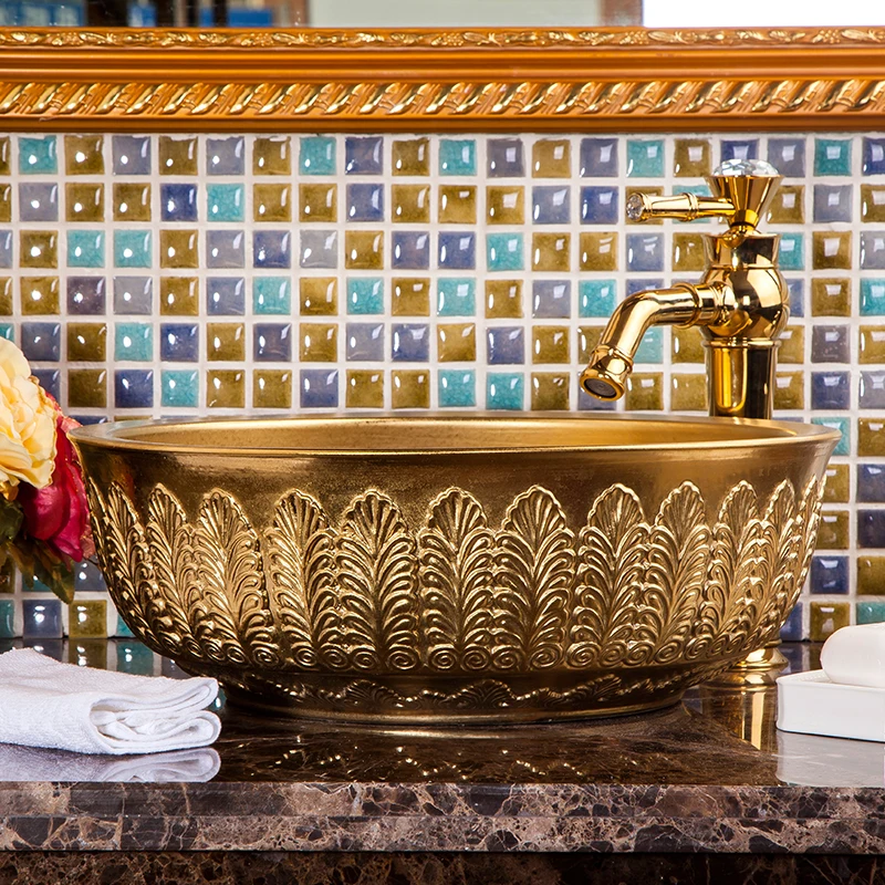 Luxurious Golden Glazed Ceramic Art Basin Sinks Counter Top Wash Basin
