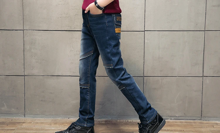 Коллекция года, зимняя детская одежда джинсы для мальчиков повседневные узкие джинсы из плотного флиса для маленьких мальчиков, джинсы для больших детей, длинные штаны