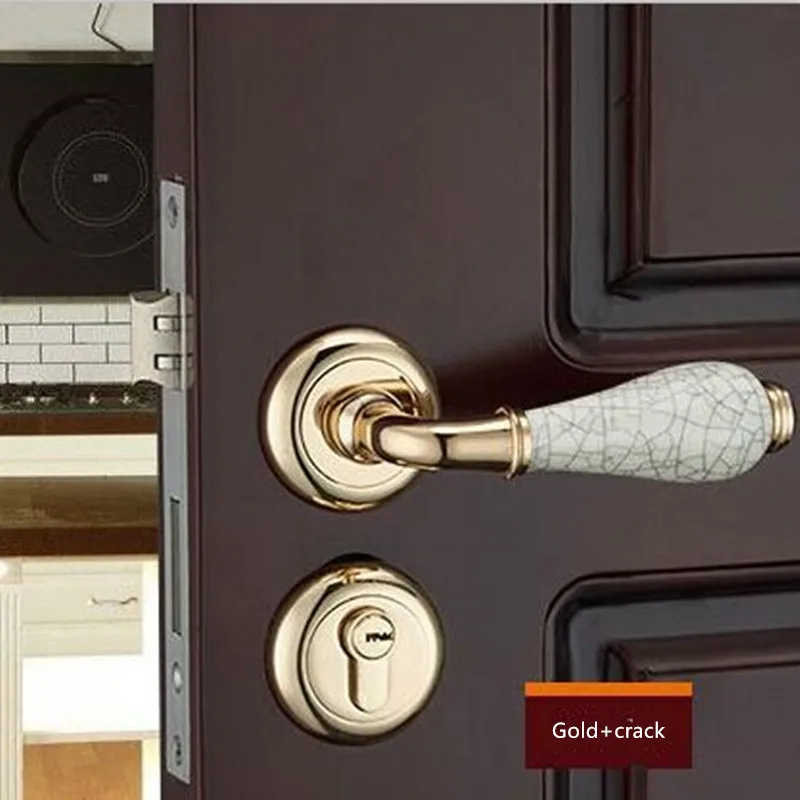 

European gold+crack/marble/yellow pitting/white/flower ceramic copper latch split lock bed room handle indoor lock