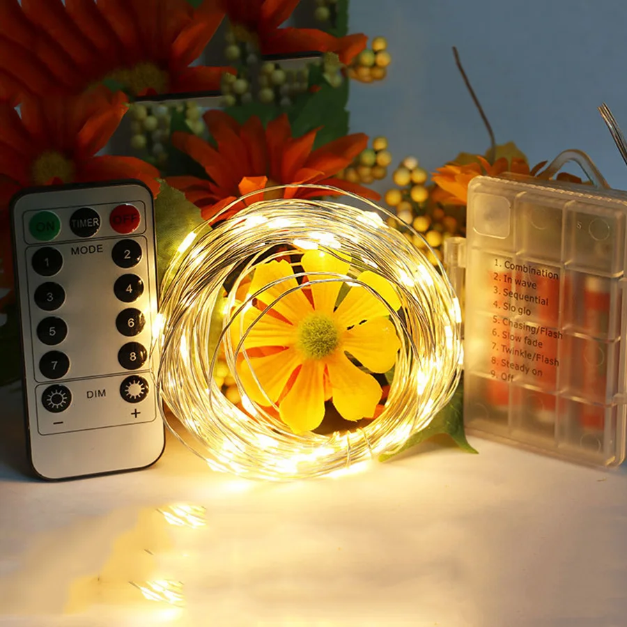 

HANMIAO 10M/100LED String Lights USB/Battery Types with 8 Modes Remote Control Silver Wire LED String Light Xmas Festival Dec 38