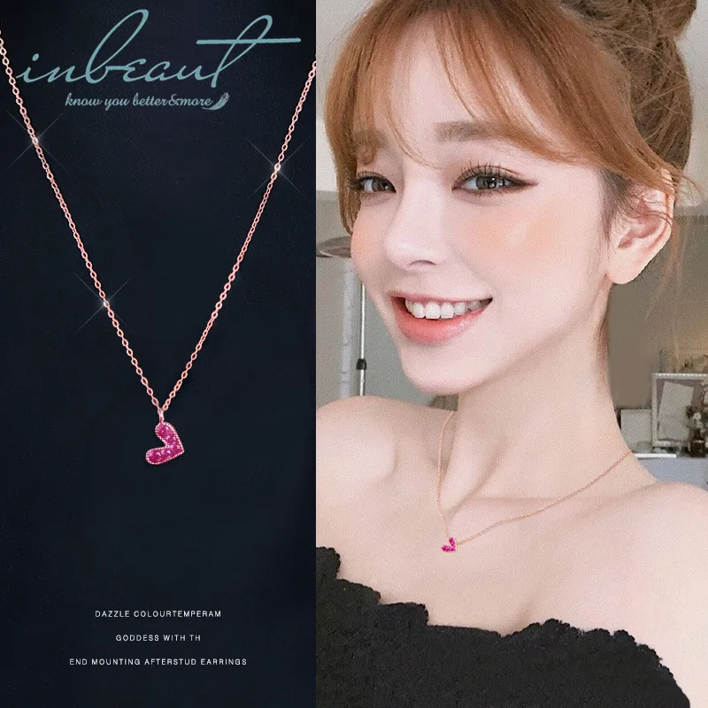 

inbeaut 925 Silver Pink Zircon Heart Pendant Necklace Female Real 18K Rose Gold True Love Beads Chains Necklaces Girls Jewelry