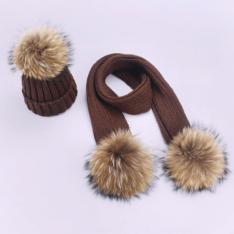 Children Pompon Beanie Hat Scarf Set Autumn Winter Outdoor Knitted Cotton Warm Real Raccoon Fur Pom-pom Caps Scarf 2 Piece Suit - Цвет: Coffee 3 balls