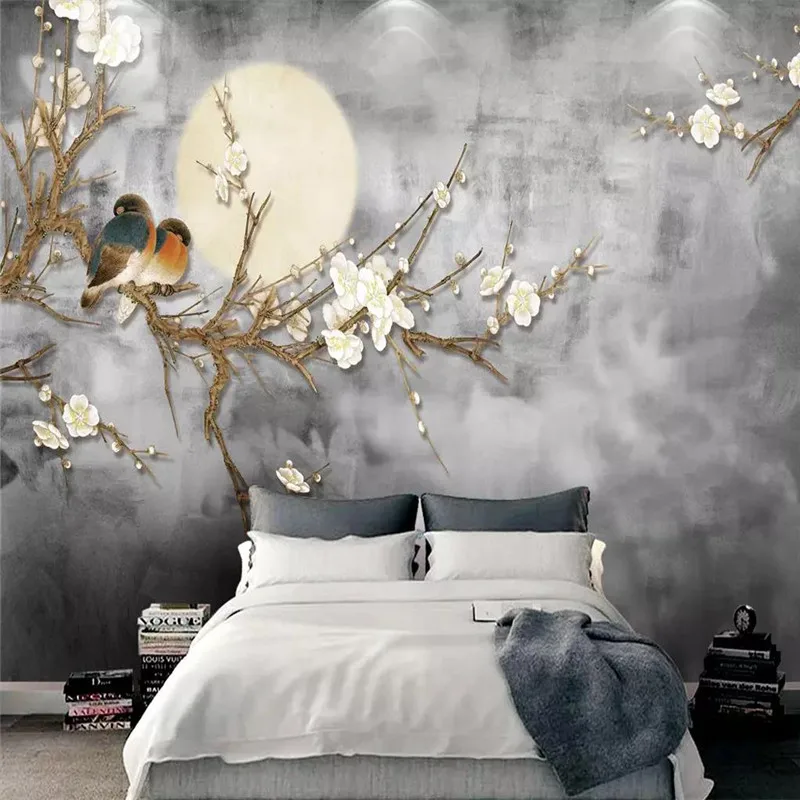 Custom Mural Wallpaper Chinese Style White Magnolia Sofa Tv Background Wall