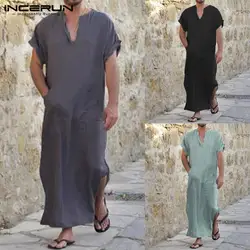 INCERUN 2019 повседневные мужские рубашки короткий рукав v-образный вырез однотонная длинная рубашка хлопок свободные топы Мужские исламский
