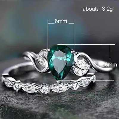 Huitan, Модный комплект из 2 предметов, свадебные наборы колец для женщин, изящные кольца в форме капли с зеленым кубическим цирконием, роскошные обручальные кольца, наборы