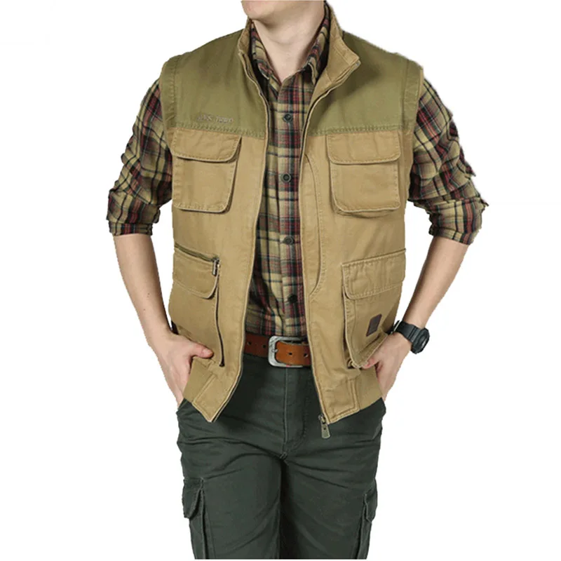 100 Cotton Men Vests Coats with Many Pockets Sleeveless Jacket Vest
