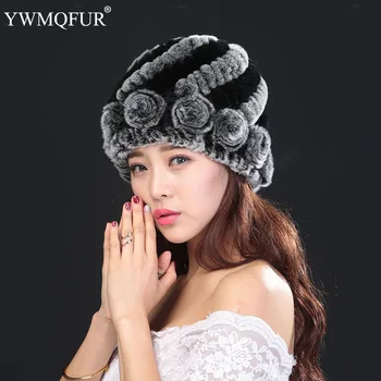

2019 New 100% Genuine Knitted Rex Rabbit Fur Hat Winter Lady Floral Cap Female Headgear Women Fur Beanies hats free shipping