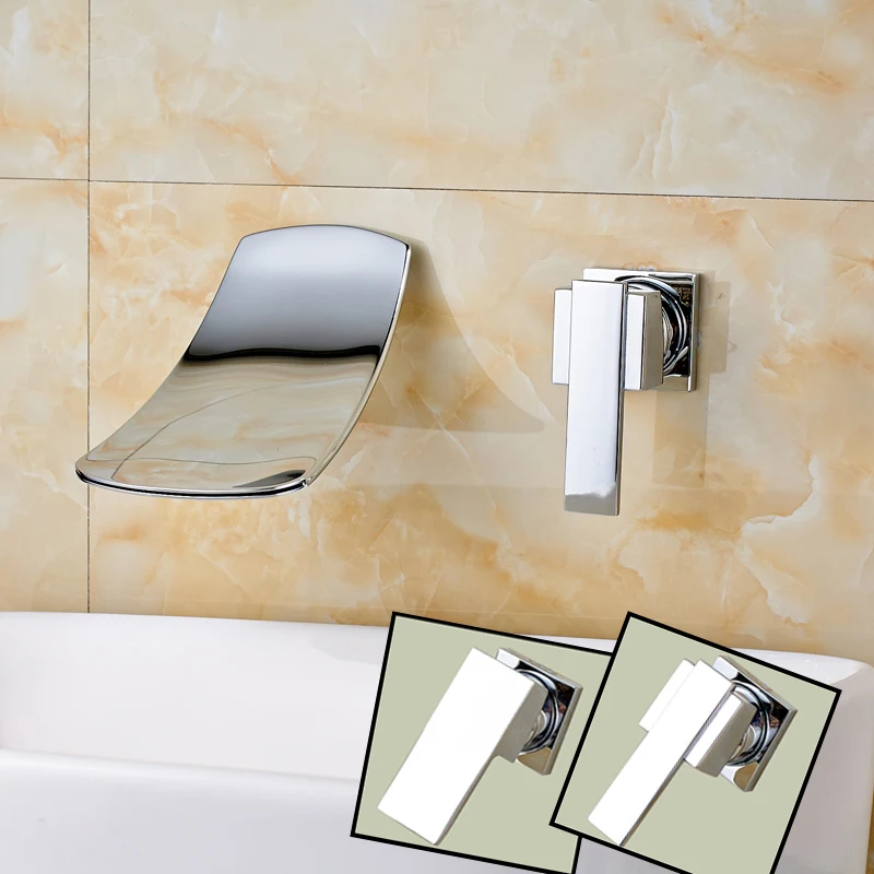 

Polished Chrome Bathroom Sink Mixer Taps Wall Mounted Single Handle Waterfall Basin Faucet