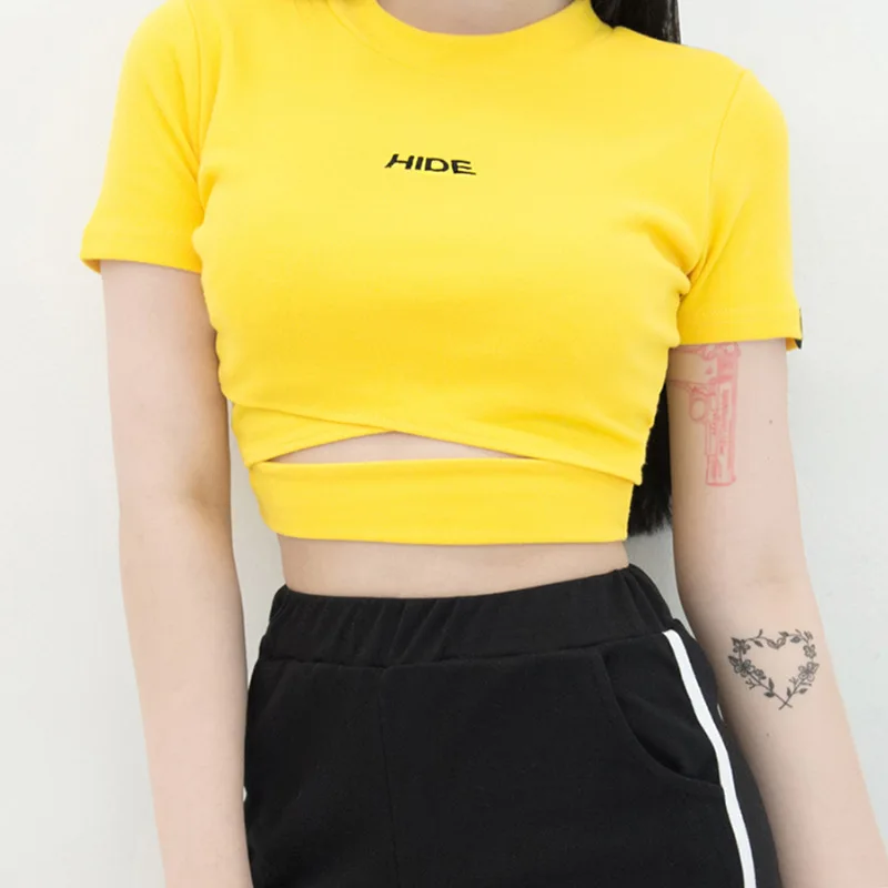 Harajuku Yellow Crop Top 2018 Summer Wrap Strap Waist Cropped T Shirt Women HIDE Letter Embroidery Tees Short Sleeve T-Shirts