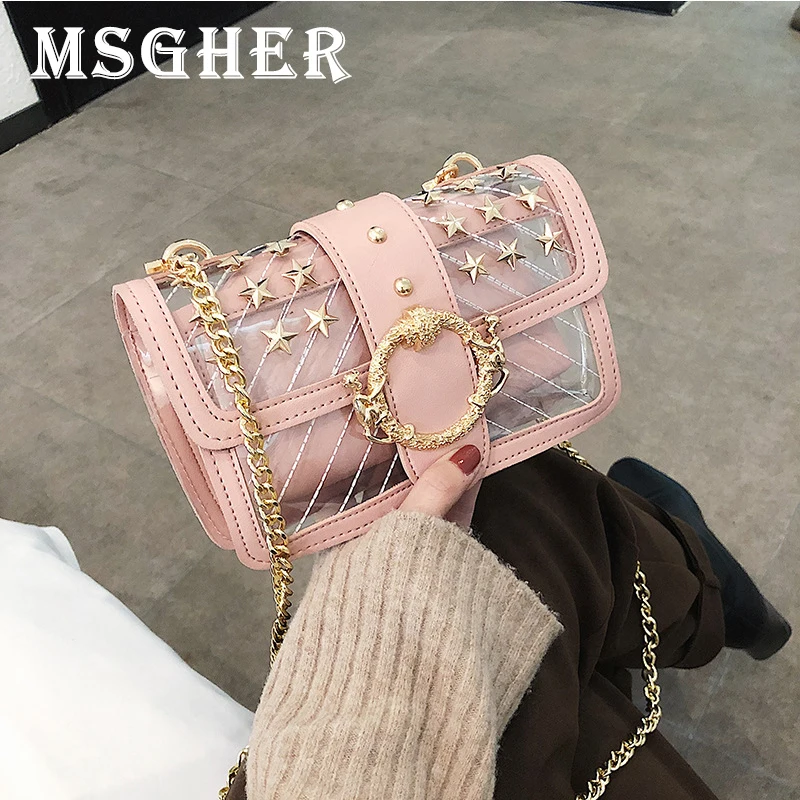 

MSGHER Transparent Flap Messenger Bags Women Luxury Brand Designer Chain Ladies Shoulder Bags Solid PVC Clear Female Handbag
