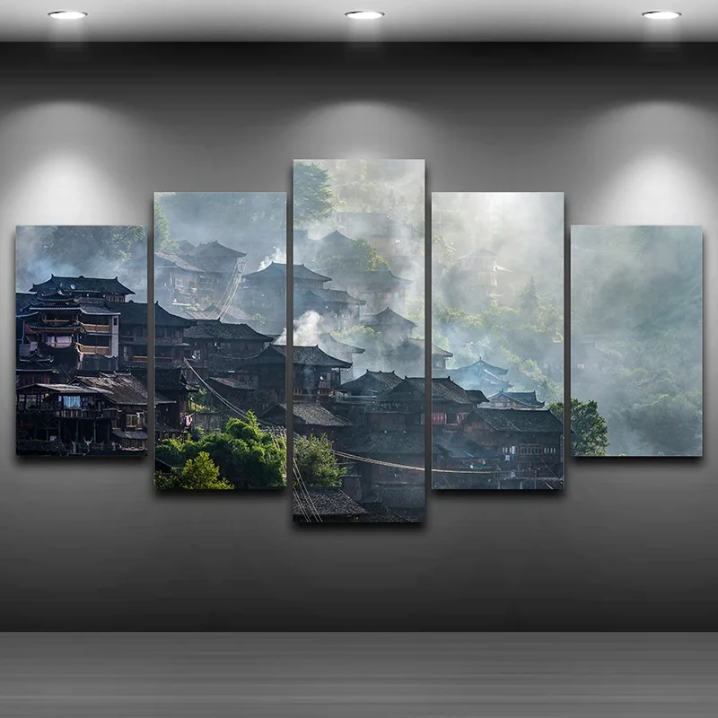 

Village Fog Framed wall art picture Artistic Drawing on Canvas Printed picture Home Decor Spray Oil Painting Decoration AE0957