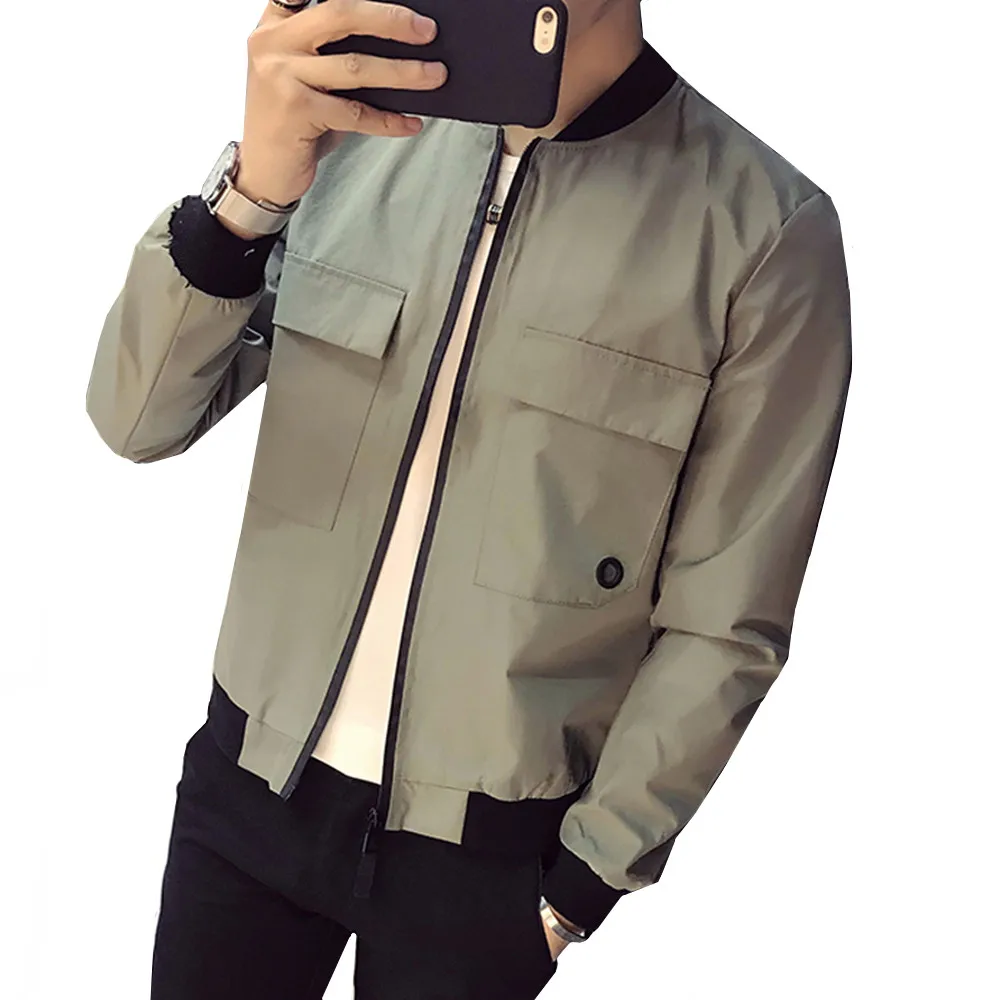 

Summer Solid Jackets Men Korean Slim Fit Front Pocket Design Thin Sun Protection Jacket Long Sleeve Casual Outwear Coats Man