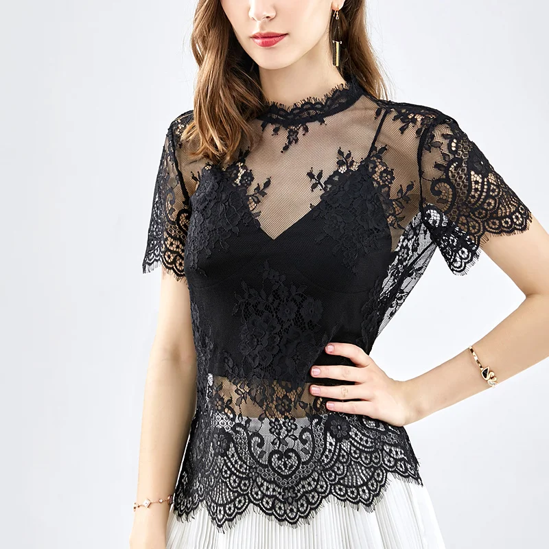 

2019 New Arrivals Tops for Women Sexy Visible Hollow Out Short Sleeve Lace Shirts Solid Color Black White Fashion Ladies Wear