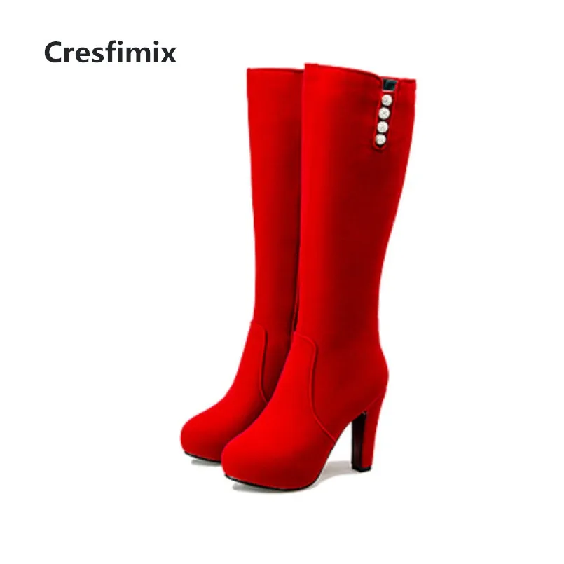 

Cresfimix botas femininas women cute european style red side zipper long boots lady cool black high heel crystal boots c3075