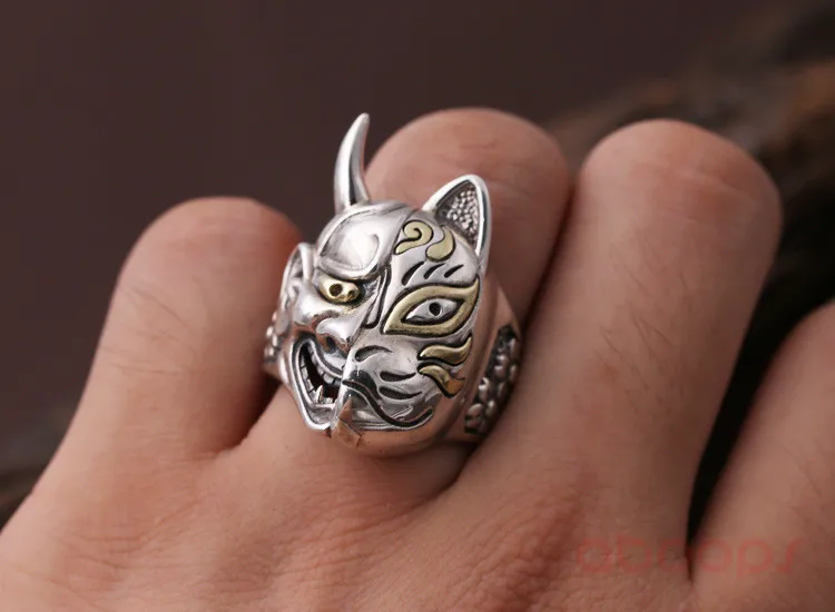 Vintage 925 Sterling Silver Japanese Prajna Mask Ring Jewelry with Sakura for Men Size 8.5 9 10 10.5 Free Shipping Fashion Jewelry