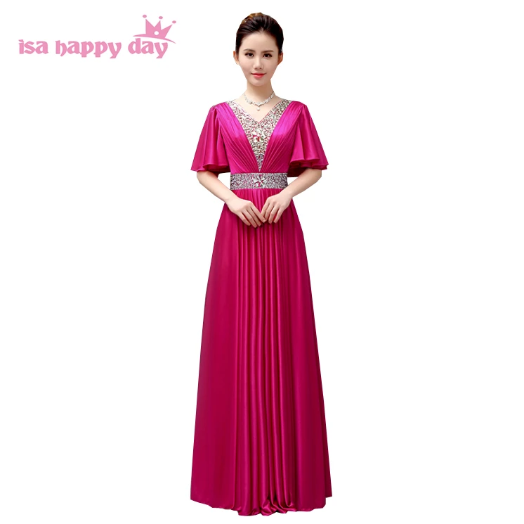 

2020 women hot pink fuchsia elegant capped floor length dinner party bridesmaids dress gown long bridesmaid dresses H3941