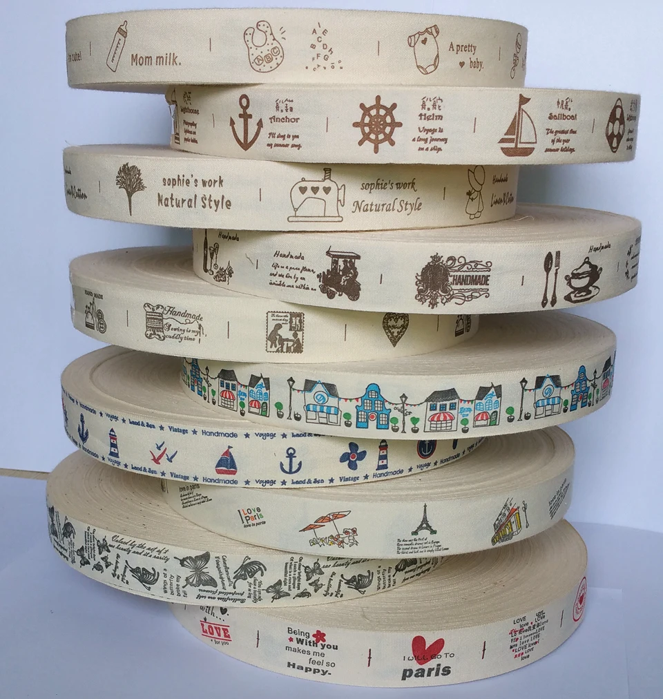 

25mm width Printed Cartoon Fabric Cotton Ribbon Tape 10Yards Wedding/Home crafts decoration Handmade garment accessories