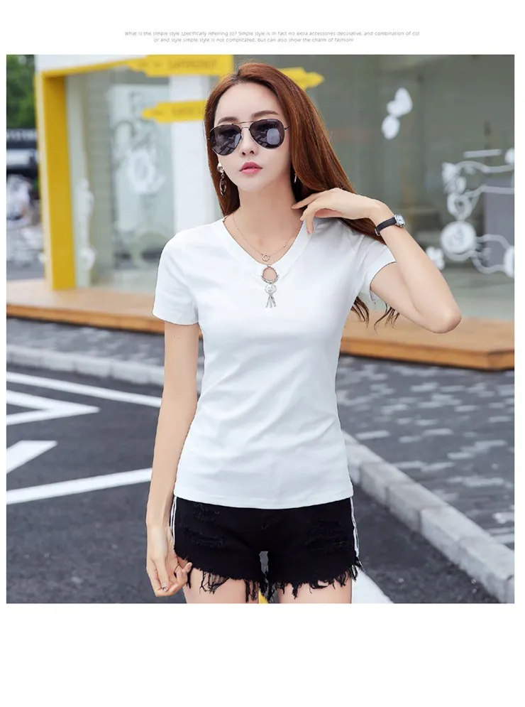 Summer T-shirts For Women 2018 Korean Fashion Tops Tees Female Hole V-neck Tshirt Lady Casual Short Sleeve Poleras Mujer  (6)