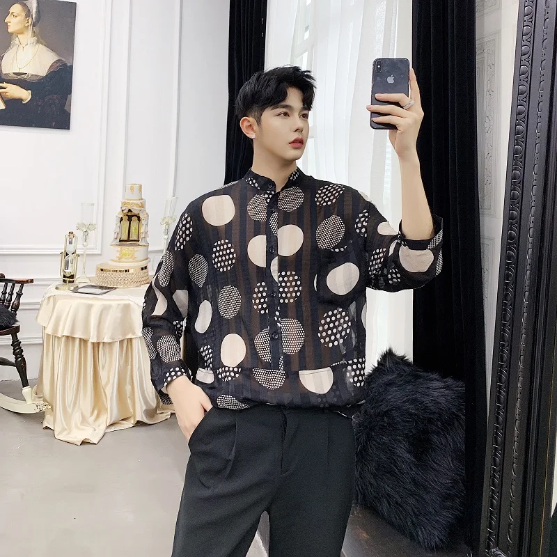

Male Women Vintage Couple Shirt Streetwear Hip Hop Party Dress Shirts Men Summer Thin Dot Stripe Stand Collar Loose Casual Shirt